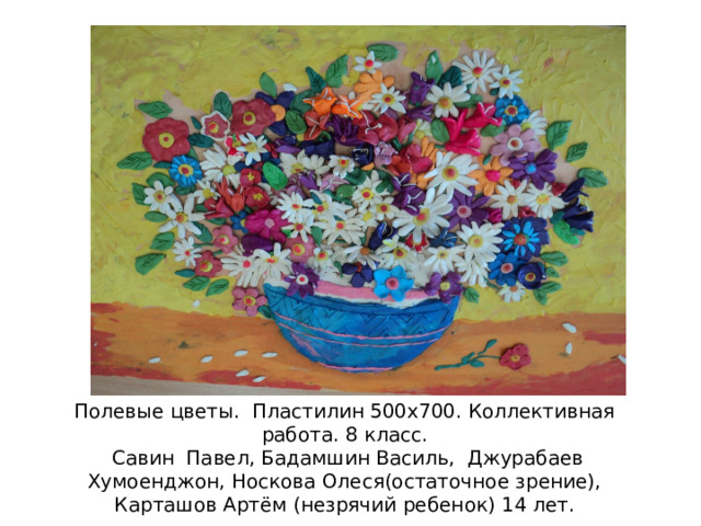 Полевые цветы. Пластилин 500х700. Коллективная работа. 8 класс.  Савин Павел, Бадамшин Василь, Джурабаев Хумоенджон, Носкова Олеся(остаточное зрение), Карташов Артём (незрячий ребенок) 14 лет. 