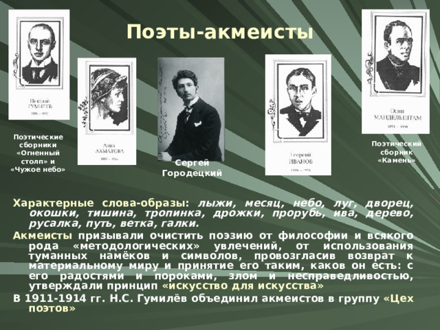 Поэты-акмеисты Поэтические сборники «Огненный столп» и «Чужое небо» Поэтический сборник «Камень» Сергей Городецкий Характерные слова-образы : лыжи, месяц, небо, луг, дворец, окошки, тишина, тропинка, дрожки, прорубь, ива, дерево, русалка, путь, ветка, галки. Акмеисты призывали очистить поэзию от философии и всякого рода «методологических» увлечений, от использования туманных намёков и символов, провозгласив возврат к материальному миру и принятие его таким, каков он есть: с его радостями и пороками, злом и несправедливостью, утверждали принцип «искусство для искусства» В 1911-1914 гг. Н.С. Гумилёв объединил акмеистов в группу «Цех поэтов» 