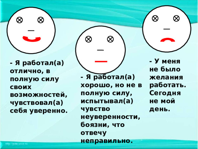 - У меня не было желания работать. Сегодня не мой день.  - Я работал(а) отлично, в полную силу своих возможностей, чувствовал(а) себя уверенно.  - Я работал(а) хорошо, но не в полную силу, испытывал(а) чувство неуверенности, боязни, что отвечу неправильно.   