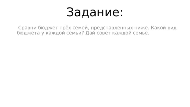 Задание:  Сравни бюджет трёх семей, представленных ниже. Какой вид бюджета у каждой семьи? Дай совет каждой семье. 