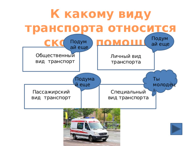 К какому виду транспорта относится скорая помощь? Подумай еще Подумай еще Общественный вид транспорт Личный вид транспорта Подумай еще Ты молодец! Пассажирский вид транспорт Специальный вид транспорта 