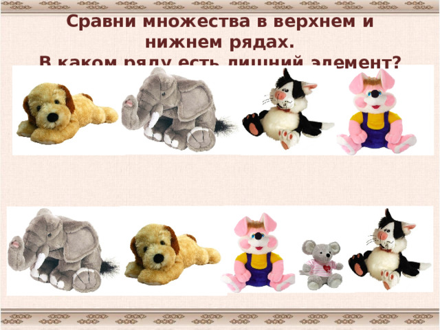 Сравни множества в верхнем и нижнем рядах.  В каком ряду есть лишний элемент? 
