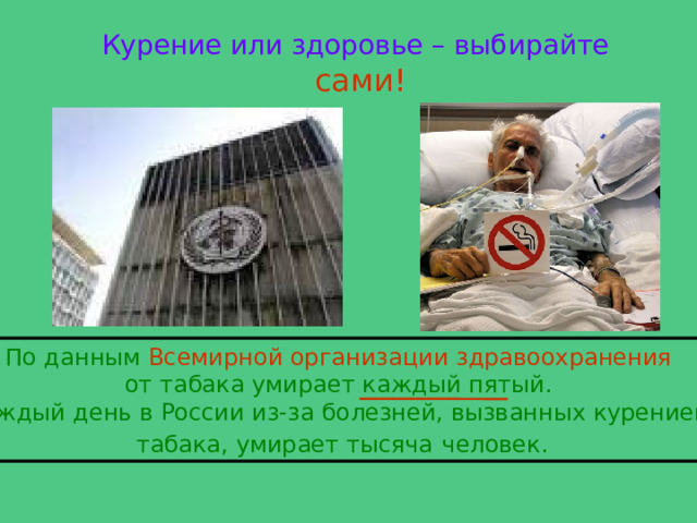 Курение или здоровье – выбирайте  сами! По данным Всемирной организации здравоохранения  от табака умирает каждый пятый. Каждый день в России из-за болезней, вызванных курением табака, умирает тысяча  человек. 