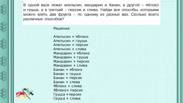 Решение: Апельсин + яблоко Апельсин + груша Апельсин + персик Апельсин + слива Мандарин + яблоко Мандарин + груша Мандарин + персик Мандарин + слива Банан + яблоко Банан + груша Банан + персик Банан + слива Яблоко + слива Яблоко+ персик Груша +персик Груша + слива 
