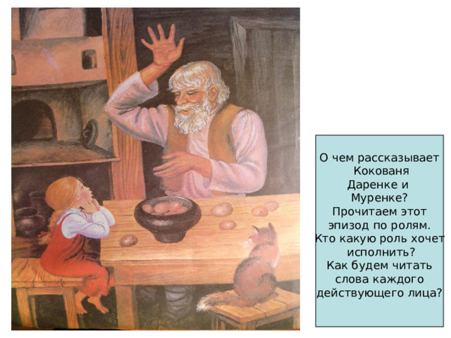 О чем рассказывает  Кокованя Даренке и Муренке? Прочитаем этот эпизод по ролям. Кто какую роль хочет  исполнить? Как будем читать слова каждого действующего лица? 
