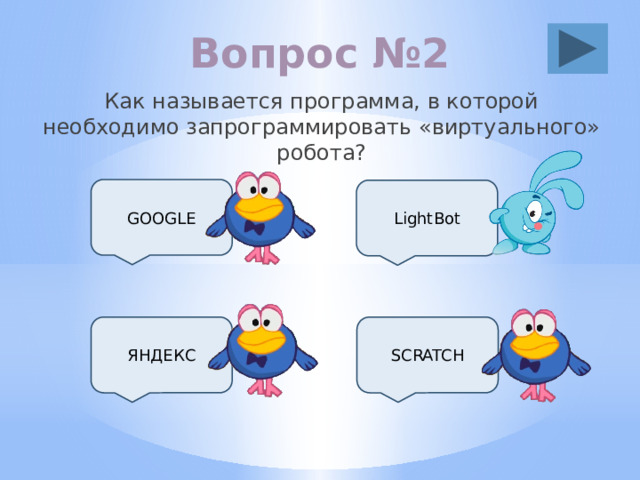Вопрос №2 Как называется программа, в которой необходимо запрограммировать «виртуального» робота? GOOGLE LightBot SCRATCH ЯНДЕКС 