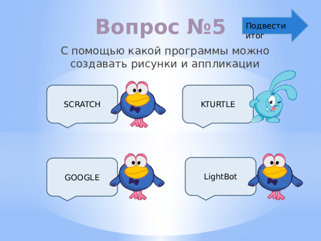 Вопрос №5 Подвести итог С помощью какой программы можно создавать рисунки и аппликации KTURTLE SCRATCH LightBot GOOGLE 