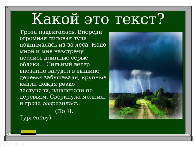 Какой это текст?  Гроза надвигалась. Впереди огромная лиловая туча поднималась из-за леса. Надо мной и мне навстречу неслись длинные серые облака… Сильный ветер внезапно загудел в вышине, деревья забушевали, крупные капли дождя резко застучали, зашлепали по деревьям. Сверкнула молния, и гроза разразилась.  (По И. Тургеневу)  