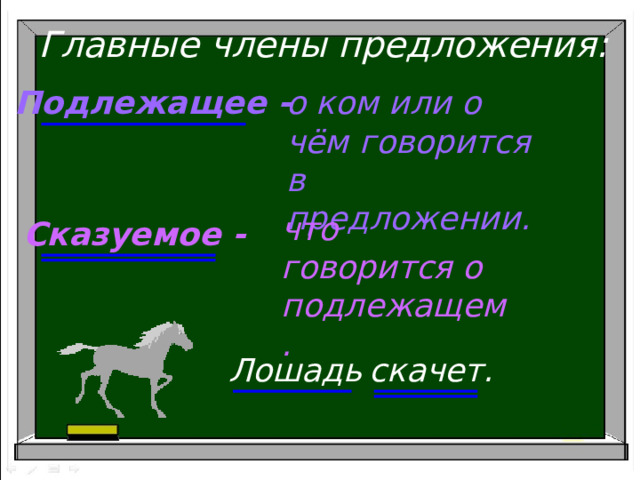 Главные члены предложения: Подлежащее - о ком или о чём говорится в предложении. что говорится о подлежащем. Сказуемое - Лошадь скачет. 