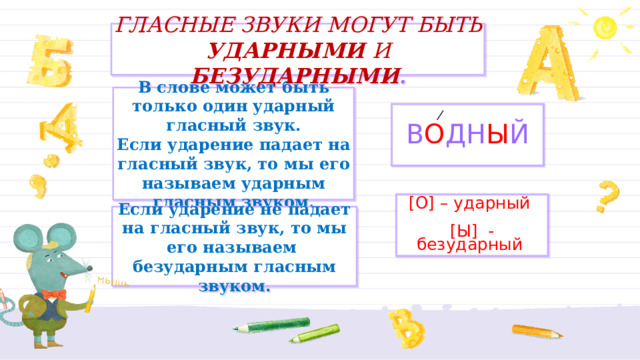 ГЛАСНЫЕ ЗВУКИ МОГУТ БЫТЬ УДАРНЫМИ И БЕЗУДАРНЫМИ . В слове может быть только один ударный гласный звук. Если ударение падает на гласный звук, то мы его называем ударным гласным звуком. В О ДН Ы Й [О] – ударный [Ы] - безударный Если ударение не падает на гласный звук, то мы его называем безударным гласным звуком. Давайте вспомним какие гласные звуки могут быть ударные, а какие безударные! В слове может быть только один ударный гласный звук. Если ударение падает на гласный звук, то мы его называем ударным гласным звуком. Если ударение не падает на гласный звук, то мы его называем безударным гласным звуком. Например, в слове во́дный ударение падает на первый слог. Гласный звук [о] является ударным. Гласный [ы] во втором слоге – безударный. Ребята если вы поняли, какие ГЛАСНЫЕ ЗВУКИ МОГУТ БЫТЬ УДАРНЫМИ И БЕЗУДАРНЫМИ то поставьте 1, если вам не поняли то поставьте 0.  