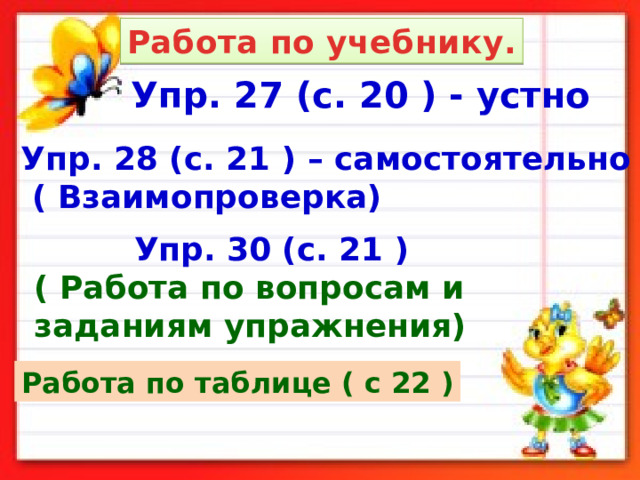 Работа по учебнику. Упр. 27 (с. 20 ) - устно Упр. 28 (с. 21 ) – самостоятельно  ( Взаимопроверка)  Упр. 30 (с. 21 ) ( Работа по вопросам и заданиям упражнения) Работа по таблице ( с 22 ) 