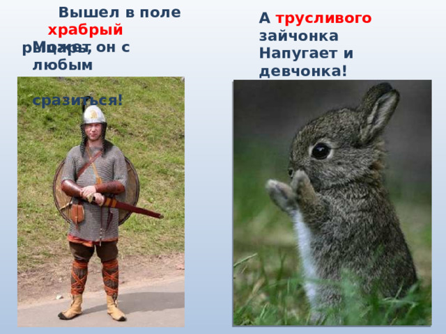  Вышел в поле  храбрый рыцарь, А трусливого зайчонка Напугает и девчонка! Может он с любым  сразиться!  