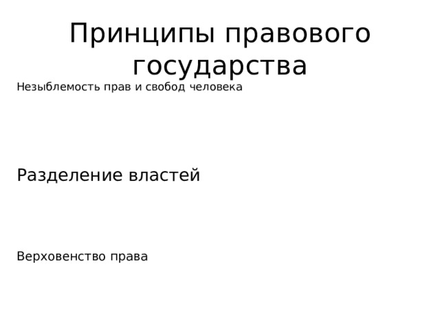 Принципы правового государства Незыблемость прав и свобод человека Разделение властей Верховенство права 