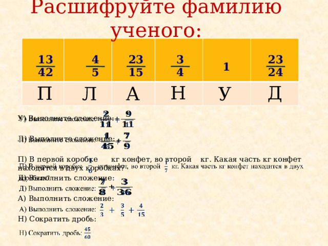 Расшифруйте фамилию ученого:   4 23 23 3 13 1 5 42 15 24 4 Д Н П У А Л     У) Выполните сложение: Л) Выполните сложение: П) В первой коробке кг конфет, во второй кг. Какая часть кг конфет находится в двух коробках? Д) Выполнить сложение: А) Выполнить сложение: Н) Сократить дробь:        