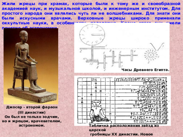 Жили жрецы при храмах, которые были к тому же и своеобразной академией наук, и музыкальной школой, и инженерным институтом. Для простого народа они являлись чуть ли не волшебниками. Для знати они были искусными врачами. Верховные жрецы широко применяли оккультные науки, в особенности, телепатию. Кроме этого они имели понятие об астрономии. Часы Древнего Египта.  Джосер - второй фараон (III династии)  Он был не только зодчим, но и жрецом, врачевателем, астрономом.  Табличка расположения звёзд из царской  гробницы XX династии. Новое Царство 