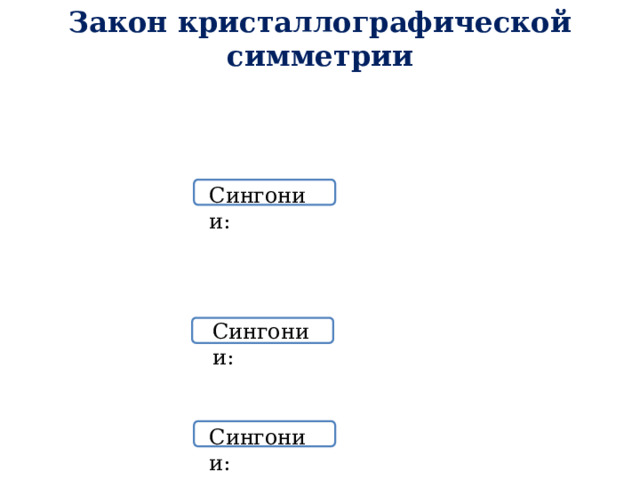 Закон кристаллографической симметрии Сингонии: Сингонии: Сингонии: 