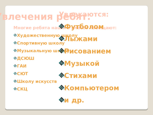 Увлекаются: Футболом Лыжами Рисованием Музыкой Стихами Компьютером и др. Увлечения ребят. Многие ребята нашего класса посещают: Художественную школу Спортивную школу Музыкальную школу ДСЮШ ГАИ СЮТ Школу искусств СКЦ 