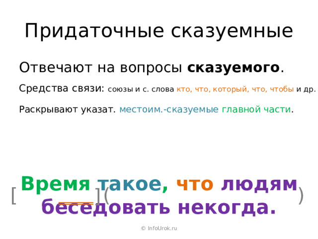 Придаточные сказуемные Отвечают на вопросы сказуемого . Средства связи: союзы и с. слова кто, что, который, что, чтобы и др. Раскрывают указат. местоим.-сказуемые  главной части . Время такое , что людям беседовать некогда. ) [ ( ] © InfoUrok.ru 