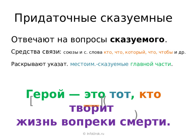 Придаточные сказуемные Отвечают на вопросы сказуемого . Средства связи: союзы и с. слова кто, что, который, что, чтобы и др. Раскрывают указат. местоим.-сказуемые  главной части . [ ] ( Герой — это тот , кто творит  жизнь вопреки смерти. ) © InfoUrok.ru 