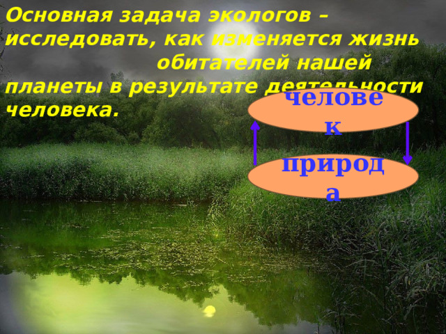 Человек – часть окружающей природы и не может без неё существовать. Основная задача экологов – исследовать, как изменяется жизнь обитателей нашей планеты в результате деятельности человека. человек природа 