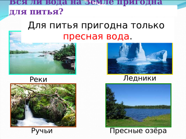 Для питья пригодна только пресная вода . Вся ли вода на Земле пригодна для питья? Ледники Реки Ручьи Пресные озёра 