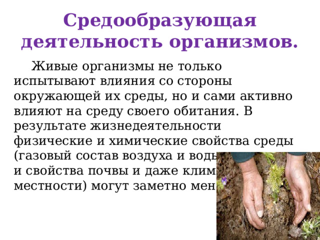  Средообразующая деятельность организмов.    Живые организмы не только испытывают влияния со стороны окружающей их среды, но и сами активно влияют на среду своего обитания. В результате жизнедеятельности физические и химические свойства среды (газовый состав воздуха и воды, структура и свойства почвы и даже климат местности) могут заметно меняться. 