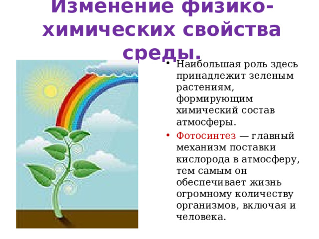 Изменение физико-химических свойства среды. Наибольшая роль здесь принадлежит зеленым растениям, формирующим химический состав атмосферы.  Фотосинтез — главный механизм поставки кислорода в атмосферу, тем самым он обеспечивает жизнь огромному количеству организмов, включая и человека. 