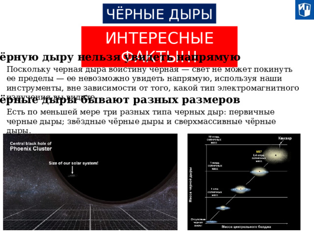 ЧЁРНЫЕ ДЫРЫ ИНТЕРЕСНЫЕ ФАКТЫ!!! 1. Чёрную дыру нельзя увидеть напрямую Поскольку черная дыра воистину черная — свет не может покинуть ее пределы — ее невозможно увидеть напрямую, используя наши инструменты, вне зависимости от того, какой тип электромагнитного излучения вы видите. 2. Чёрные дыры бывают разных размеров Есть по меньшей мере три разных типа черных дыр: первичные черные дыры; звёздные чёрные дыры и сверхмассивные чёрные дыры.  