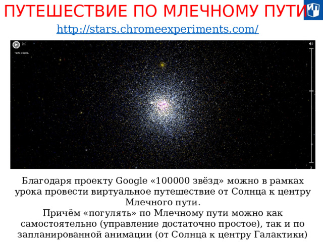 ПУТЕШЕСТВИЕ ПО МЛЕЧНОМУ ПУТИ http://stars.chromeexperiments.com/ Благодаря проекту Google «100000 звёзд» можно в рамках урока провести виртуальное путешествие от Солнца к центру Млечного пути. Причём «погулять» по Млечному пути можно как самостоятельно (управление достаточно простое), так и по запланированной анимации (от Солнца к центру Галактики)  