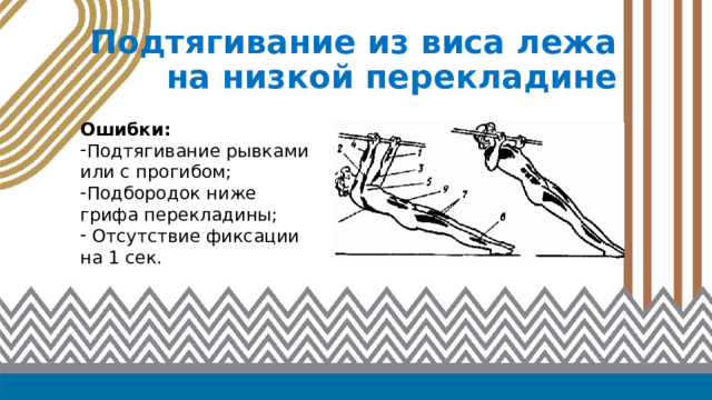Подтягивание из виса лежа на низкой перекладине Ошибки: Подтягивание рывками или с прогибом; Подбородок ниже грифа перекладины;  Отсутствие фиксации на 1 сек. 