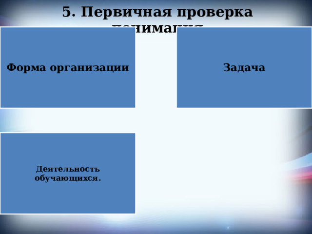 5. Первичная проверка понимания Форма организации Задача Деятельность обучающихся. 