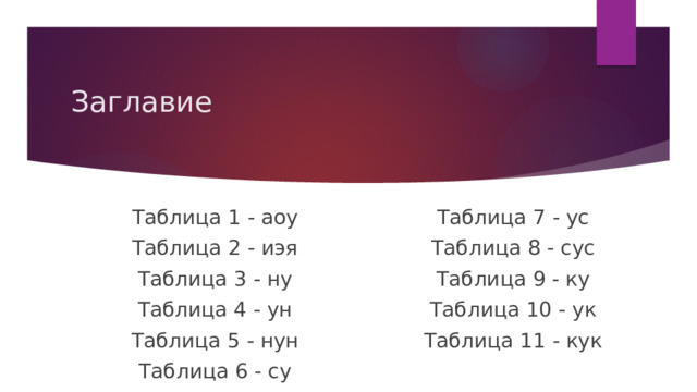 Заглавие Таблица 1 - аоу Таблица 2 - иэя Таблица 7 - ус Таблица 3 - ну Таблица 8 - сус Таблица 4 - ун Таблица 9 - ку Таблица 5 - нун Таблица 10 - ук Таблица 6 - су Таблица 11 - кук 
