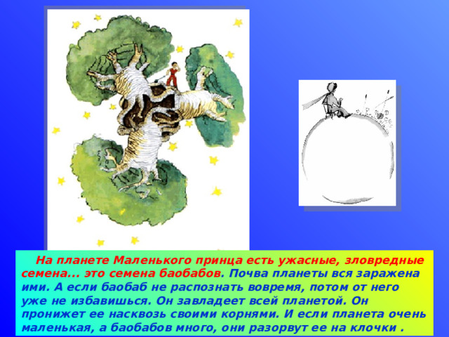  На планете Маленького принца есть ужасные, зловредные семена... это  семена баобабов . Почва планеты вся заражена ими. А если баобаб не распознать вовремя, потом от него уже не избавишься. Он завладеет всей планетой. Он пронижет ее насквозь своими корнями. И если планета очень маленькая, а баобабов много, они разорвут ее на клочки . 