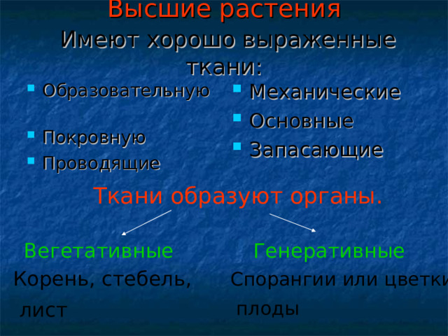 Высшие растения   Имеют хорошо выраженные ткани: Механические Основные Запасающие  Образовательную Покровную Проводящие  Ткани образуют органы. Вегетативные Генеративные  Корень, стебель,  лист Спорангии или цветки ,  плоды 