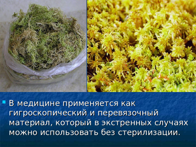 В медицине применяется как гигроскопический и перевязочный материал, который в экстренных случаях можно использовать без стерилизации.  