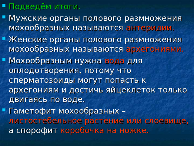 Подведём итоги. Мужские органы полового размножения мохообразных называются антеридии. Женские органы полового размножения мохообразных называются архегониями. Мохообразным нужна вода для оплодотворения, потому что сперматозоиды могут попасть к архегониям и достичь яйцеклеток только двигаясь по воде. Гаметофит мохообразных – листостебельное растение или слоевище, а спорофит коробочка на ножке. 