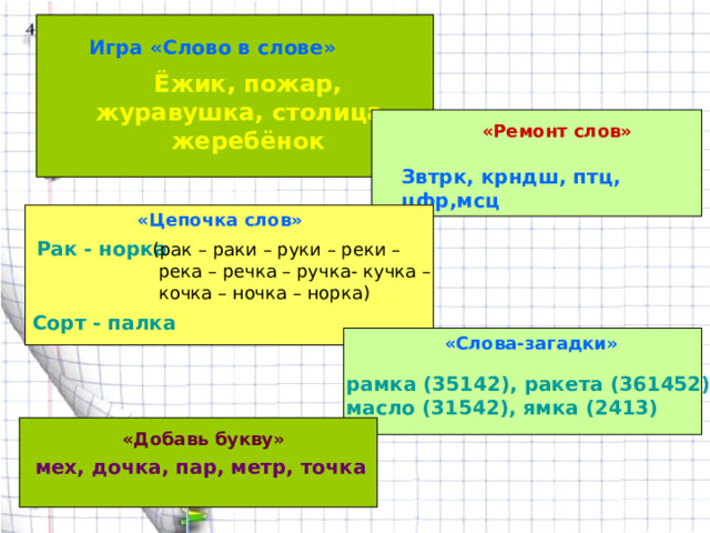 Игра «Слово в слове» Ёжик, пожар, журавушка, столица, жеребёнок «Ремонт слов» Звтрк, крндш, птц, цфр,мсц  «Цепочка слов» Рак - норка (рак – раки – руки – реки –  река – речка – ручка- кучка –  кочка – ночка – норка) Сорт - палка  «Слова-загадки» рамка (35142), ракета (361452), масло (31542), ямка (2413) «Добавь букву» мех, дочка, пар, метр, точка 