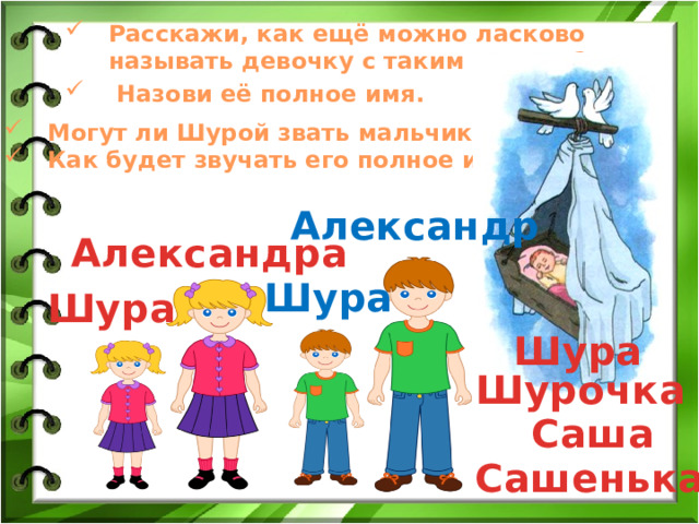 Расскажи, как ещё можно ласково называть девочку с таким именем?  Назови её полное имя.  Могут ли Шурой звать мальчика? Как будет звучать его полное имя? Александр Александра Шура Шура Шура Шурочка Саша Сашенька 