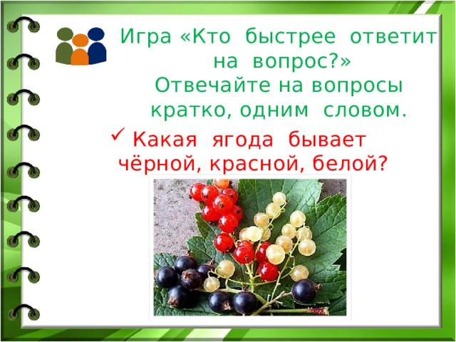 Игра «Кто быстрее ответит на вопрос?»  Отвечайте на вопросы кратко, одним словом. Какая ягода бывает чёрной, красной, белой? 