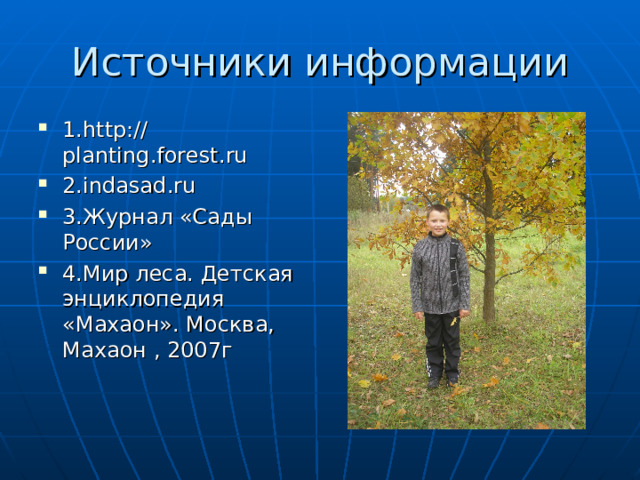 Источники информации 1.http://planting. forest . ru 2. indasad . ru 3.Журнал «Сады России» 4.Мир леса. Детская энциклопедия «Махаон». Москва, Махаон , 2007г 