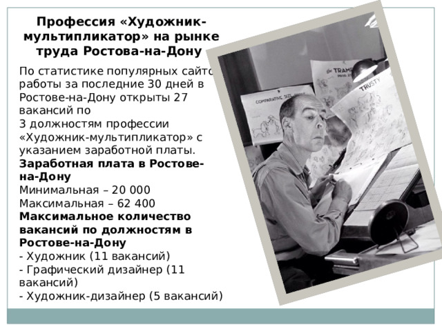 Профессия «Художник-мультипликатор» на рынке труда Ростова-на-Дону По статистике популярных сайтов работы за последние 30 дней в Ростове-на-Дону открыты 27 вакансий по 3 должностям профессии «Художник-мультипликатор» с указанием заработной платы. Заработная плата в Ростове-на-Дону Минимальная – 20 000  Максимальная – 62 400  Максимальное количество вакансий по должностям в Ростове-на-Дону - Художник (11 вакансий) - Графический дизайнер (11 вакансий) - Художник-дизайнер (5 вакансий) 