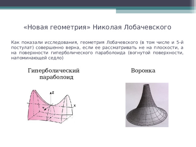 «Новая геометрия» Николая Лобачевского Как показали исследования, геометрия Лобачевского (в том числе и 5-й постулат) совершенно верна, если ее рассматривать не на плоскости, а на поверхности гиперболического параболоида (вогнутой поверхности, напоминающей седло) Воронка Гиперболический параболоид 