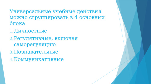 Универсальные учебные действия можно сгруппировать в 4 основных блока Личностные Регулятивные, включая саморегуляцию Познавательные Коммуникативные 