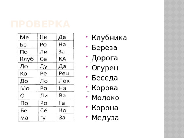 Проверка Клубника Берёза Дорога Огурец Беседа Корова Молоко Корона Медуза 