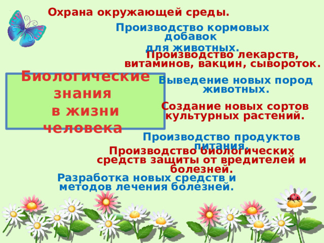 Охрана окружающей среды. Производство кормовых добавок для животных. Производство лекарств, витаминов, вакцин, сывороток. Биологические знания  в жизни человека Выведение новых пород животных. Создание новых сортов культурных растений. Производство продуктов питания. Производство биологических средств защиты от вредителей и болезней. Разработка новых средств и методов лечения болезней. 