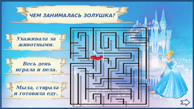   ЧЕМ ЗАНИМАЛАСЬ ЗОЛУШКА?  Ухаживала за животными.  Весь день играла и пела.    Мыла, стирала и готовила еду. 