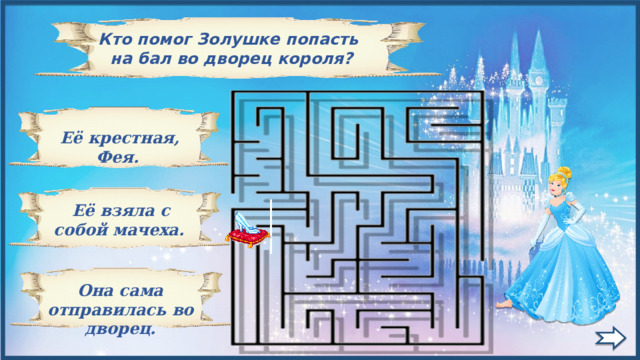   Кто помог Золушке попасть на бал во дворец короля?   Её крестная, Фея.  Её взяла с собой мачеха. Она сама отправилась во дворец. 