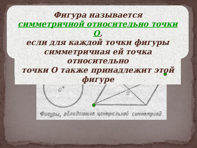Фигура называется симметричной относительно точки О , если для каждой точки фигуры симметричная ей точка относительно точки О также принадлежит этой фигуре  