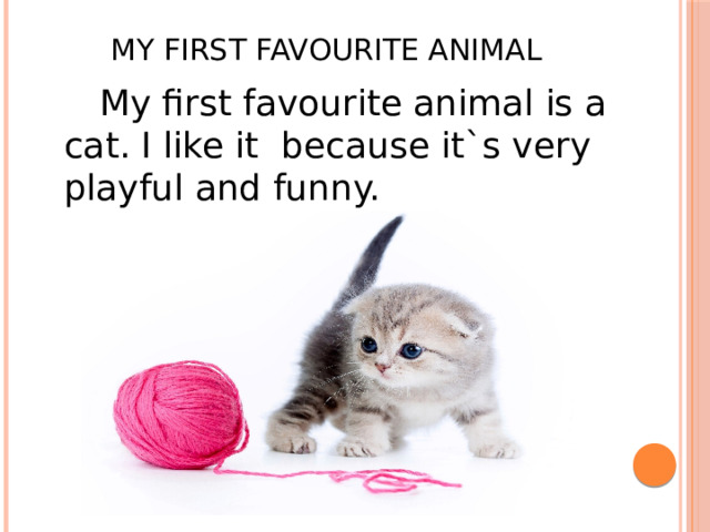 My first favourite animal   My first favourite animal is a cat. I like it because it`s very playful and funny. 