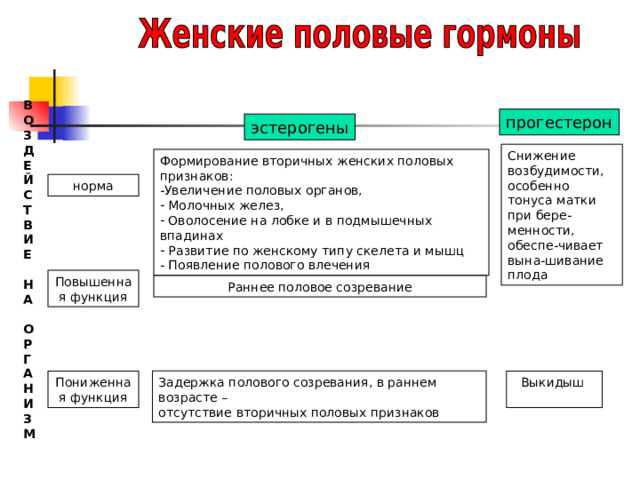 В О З Д Е Й С Т В И Е  Н А  О Р Г А Н И З М прогестерон эстерогены Снижение возбудимости, особенно тонуса матки при бере-менности, обеспе-чивает вына-шивание плода Формирование вторичных женских половых признаков: Увеличение половых органов,  Молочных желез,  Оволосение на лобке и в подмышечных впадинах  Развитие по женскому типу скелета и мышц  Появление полового влечения норма Повышенная функция Раннее половое созревание Задержка полового созревания, в раннем возрасте – отсутствие вторичных половых признаков Пониженная функция Выкидыш 